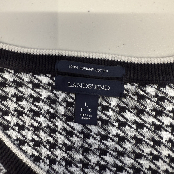 Lands End Houndstooth Sweater Womens Size L Black White Supima Cotton Knit - Picture 4 of 7
